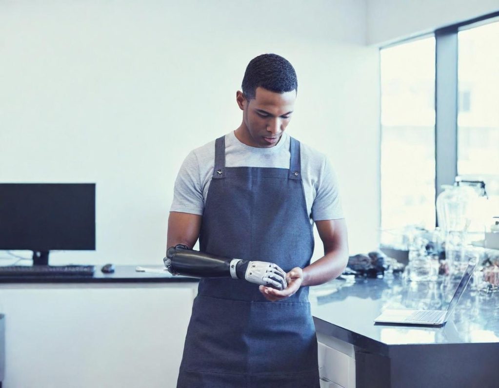 man working in a lab with a prosthetic arm man working in a lab with a prosthetic arm